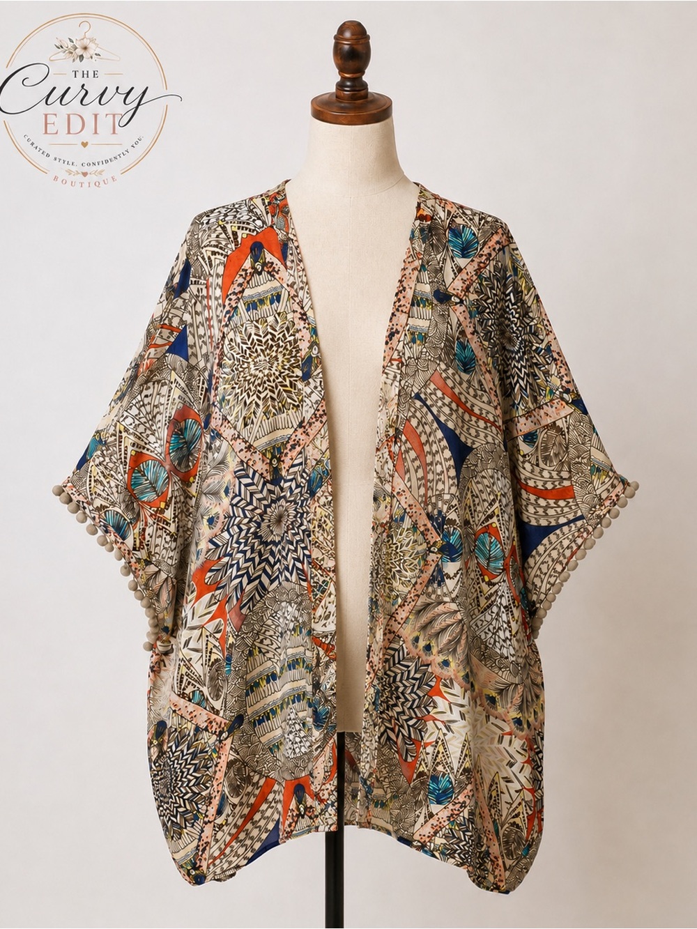 Umgee Oversized Boho Print Open Front Kimono Pom Pom Trim M/L Western